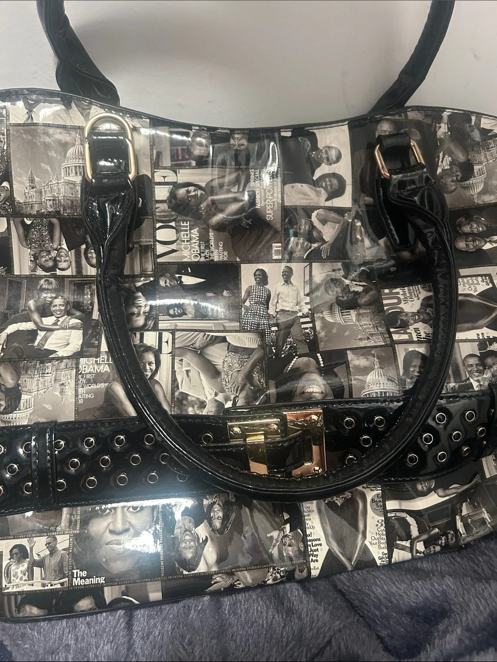 Black Photo-Collage Patent Tote with Gold Hardware